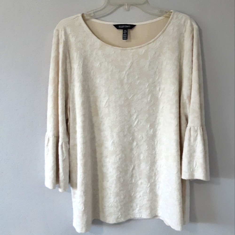Ellen Tracy Cream Colored Blouse - 3/4 Bell Sleeves, Cream Color Print - XL